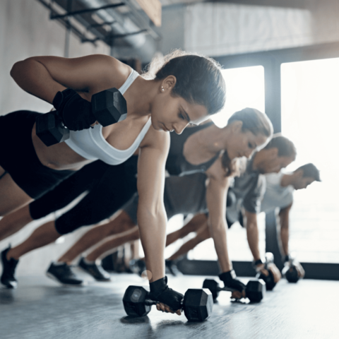 "Group of gym members performing plank rows with dumbbells during a strength training workout led by a fitness coach in a modern gym."